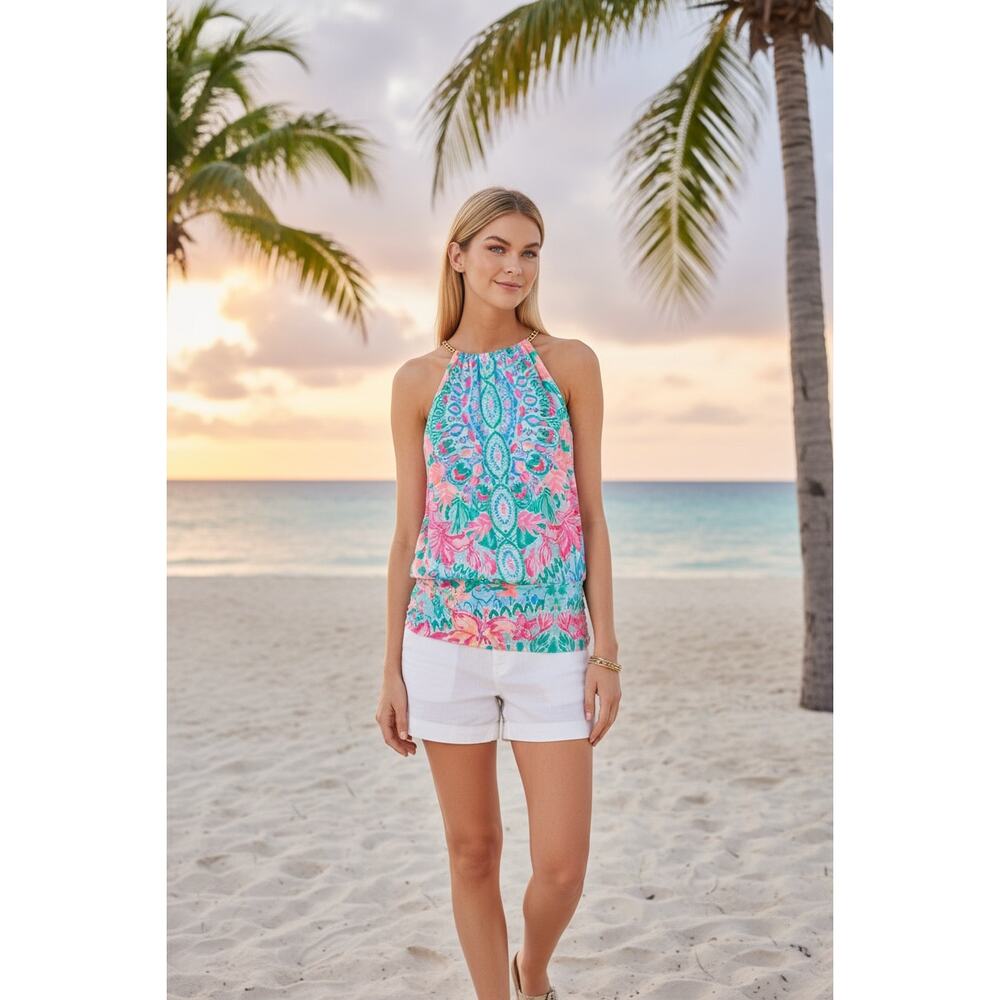 LILLY PULITZER HALTER TOP GOLD CHAIN BRIGHT NAUTICAL VACATION RESORT CRUISE PINK